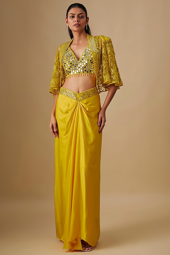 Yellow Satin Organza Mirror Hand & Machine Embroidered Cape Set by ASAGA at Pernia's Pop Up Shop