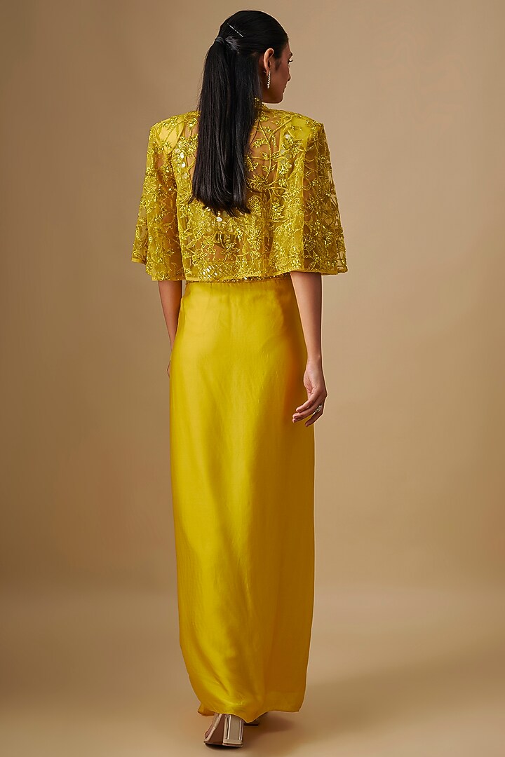 Yellow Satin Organza Mirror Hand & Machine Embroidered Cape Set by ASAGA at Pernia's Pop Up Shop