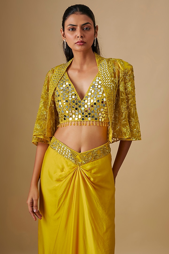 Yellow Satin Organza Mirror Hand & Machine Embroidered Cape Set by ASAGA at Pernia's Pop Up Shop