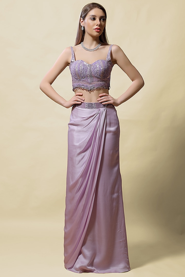 Lavender Embroidered Draped Skirt Set by ASAGA