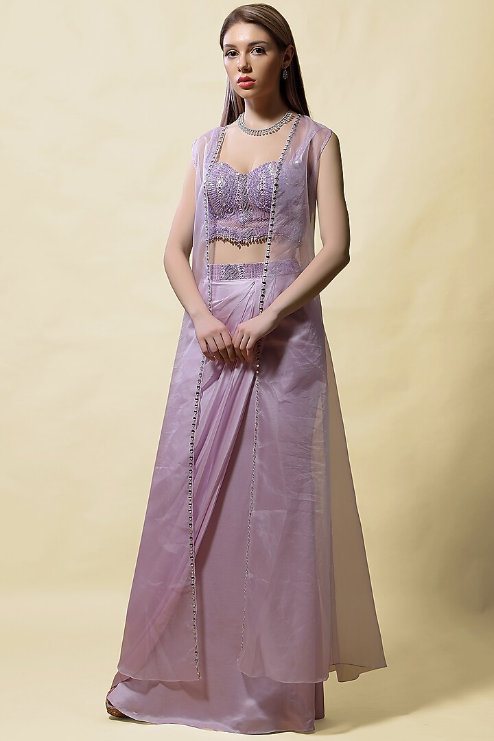 Lavender Embroidered Draped Skirt Set by ASAGA at Pernia's Pop Up Shop