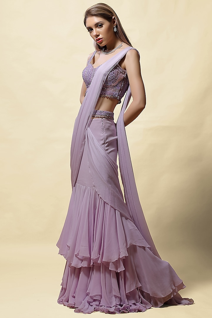 Lavender Georgette Pre Stitched Saree Set by ASAGA