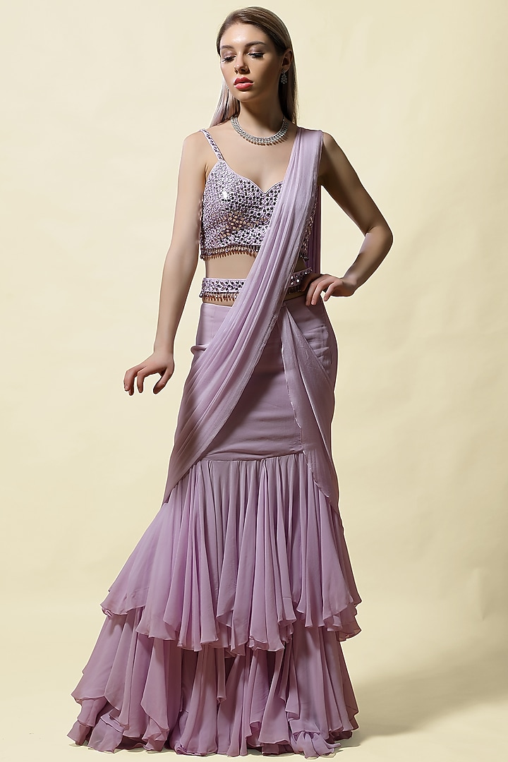 Lavender Georgette Pre-Stitched Wedding Saree Set With Belt by ASAGA at Pernia's Pop Up Shop