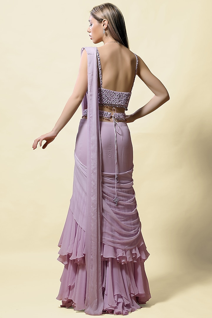 Lavender Georgette Pre-Stitched Wedding Saree Set With Belt by ASAGA at Pernia's Pop Up Shop
