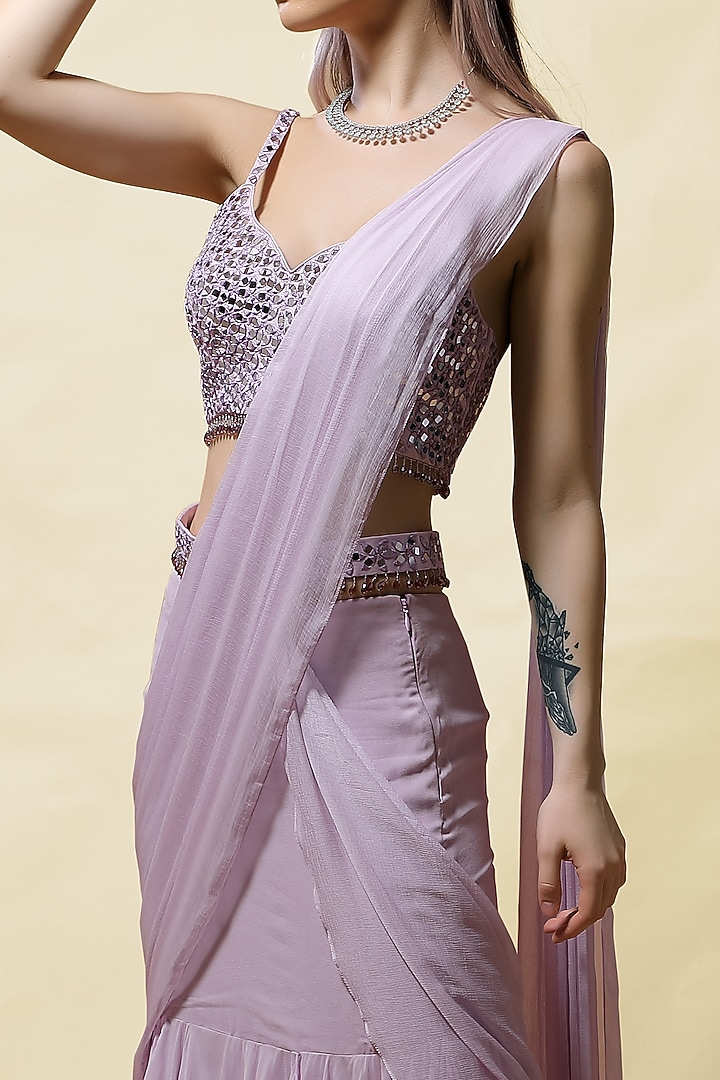 Lavender Georgette Pre-Stitched Wedding Saree Set With Belt by ASAGA at Pernia's Pop Up Shop