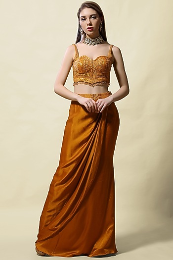 Mustard Embroidered Skirt Set by ASAGA at Pernia's Pop Up Shop