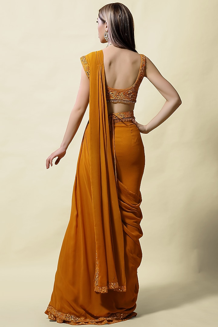Mustard Georgette Pre-Stitched Wedding Saree Set by ASAGA at Pernia's Pop Up Shop