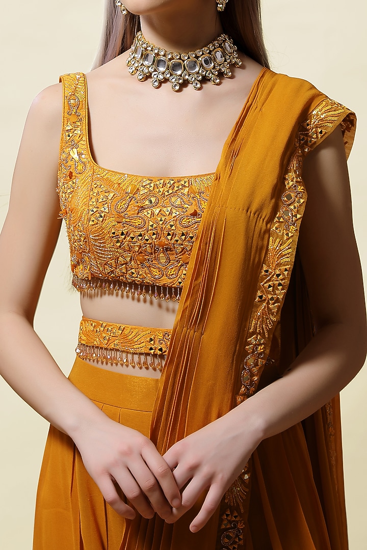Mustard Georgette Pre-Stitched Wedding Saree Set by ASAGA at Pernia's Pop Up Shop