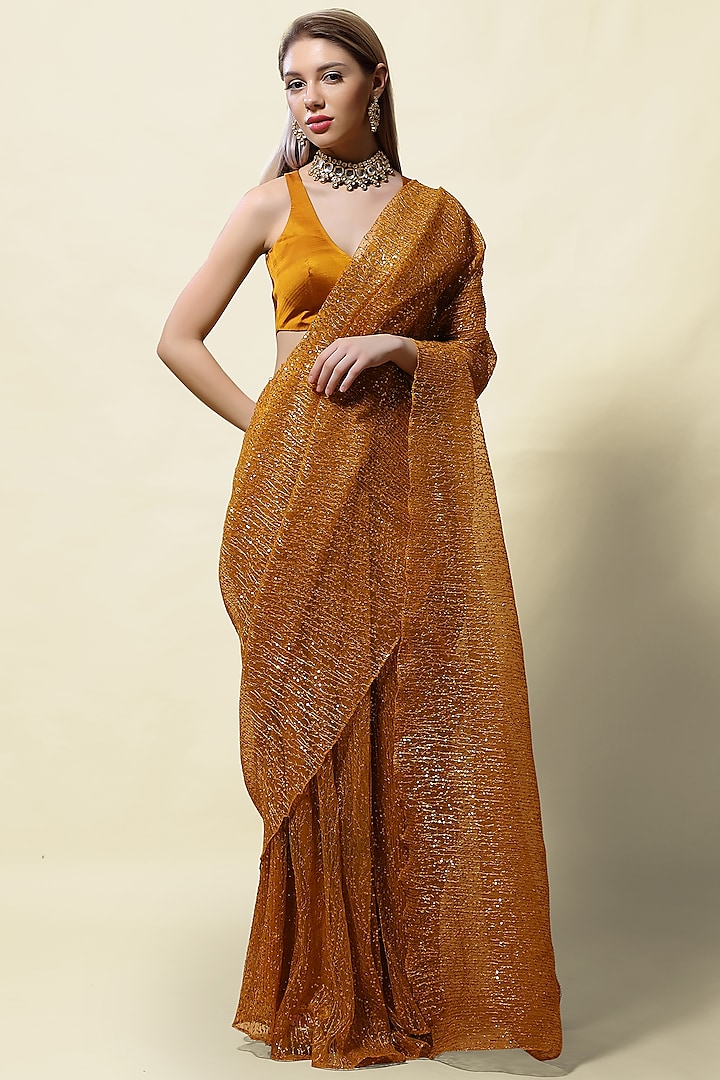 Mustard Embroidered Pre-Stitched Saree Set by ASAGA