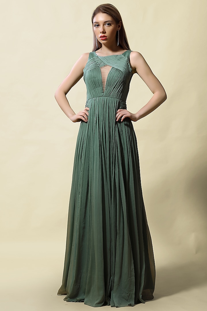 Olive Chiffon Draped Engagement Gown by ASAGA at Pernia's Pop Up Shop