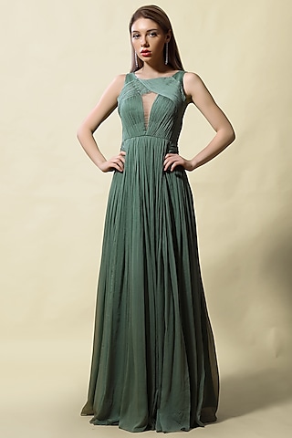 Olive Chiffon Draped Gown by ASAGA