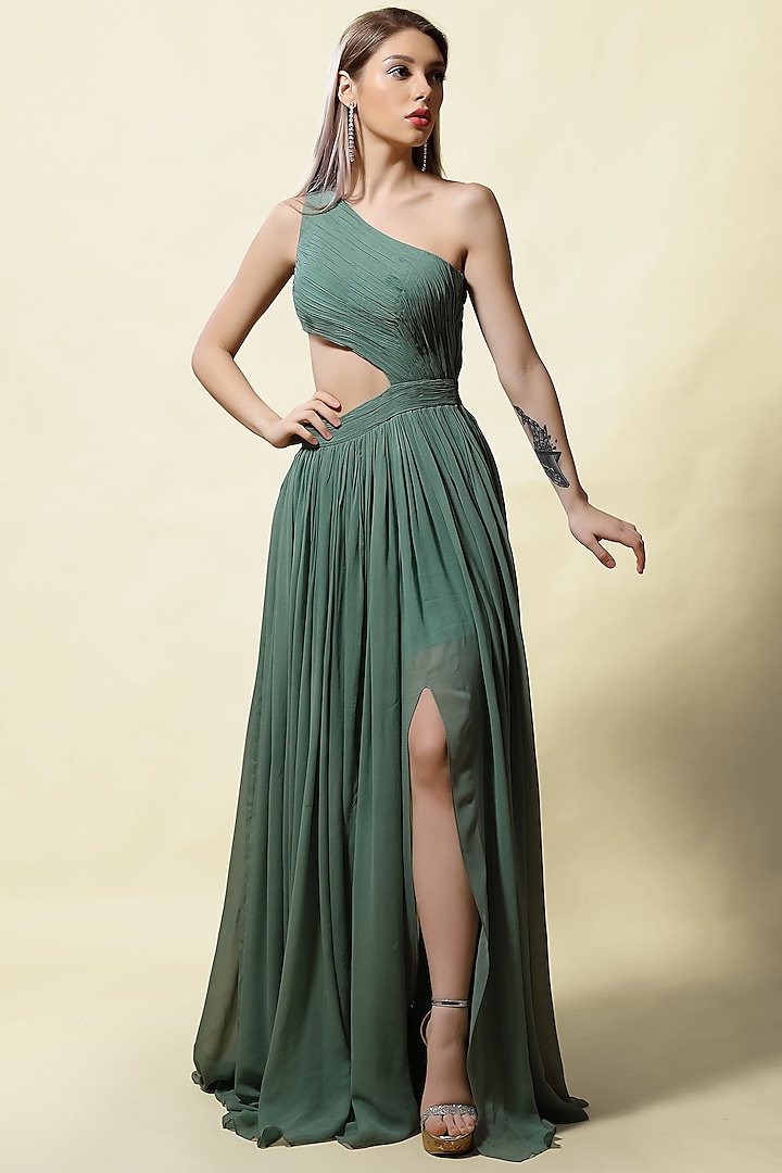 Olive Georgette One Shoulder Gown by ASAGA