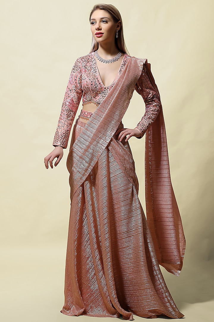 Pink Embroidered Pre-Stitched Saree Set by ASAGA
