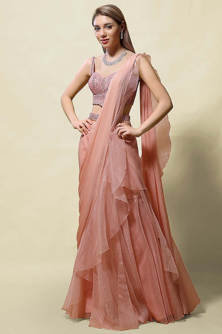 Pink Ruffled Pre-Stitched Saree Set by ASAGA