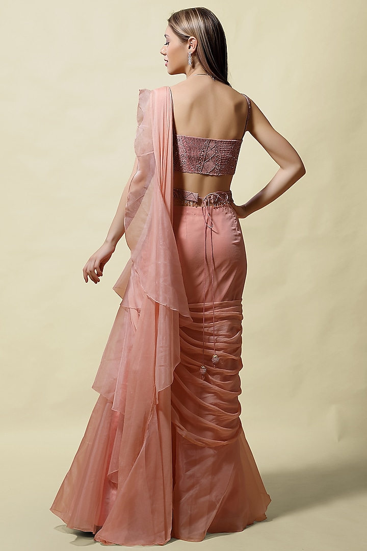 Pink Ruffled Pre-Stitched Wedding Saree Set by ASAGA at Pernia's Pop Up Shop