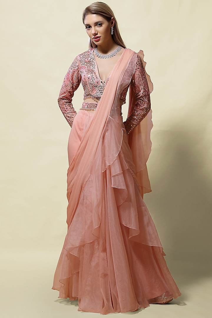 Pink Embroidered Fabric Pre-Stitched Saree Set by ASAGA