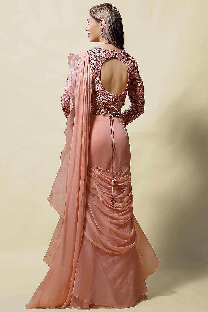 Pink Embroidered Fabric Pre-Stitched Wedding Saree Set by ASAGA at Pernia's Pop Up Shop
