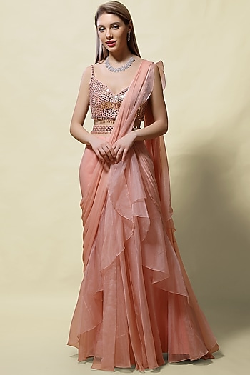 Pink Ruffled Pre-Stitched Wedding Saree Set by ASAGA at Pernia's Pop Up Shop