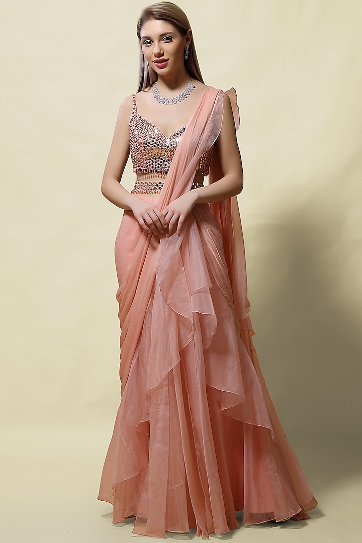 Pink Ruffled Pre-Stitched Saree Set by ASAGA
