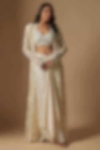 Ivory Satin Organza Hand Embroidered Jacket Set by ASAGA at Pernia's Pop Up Shop