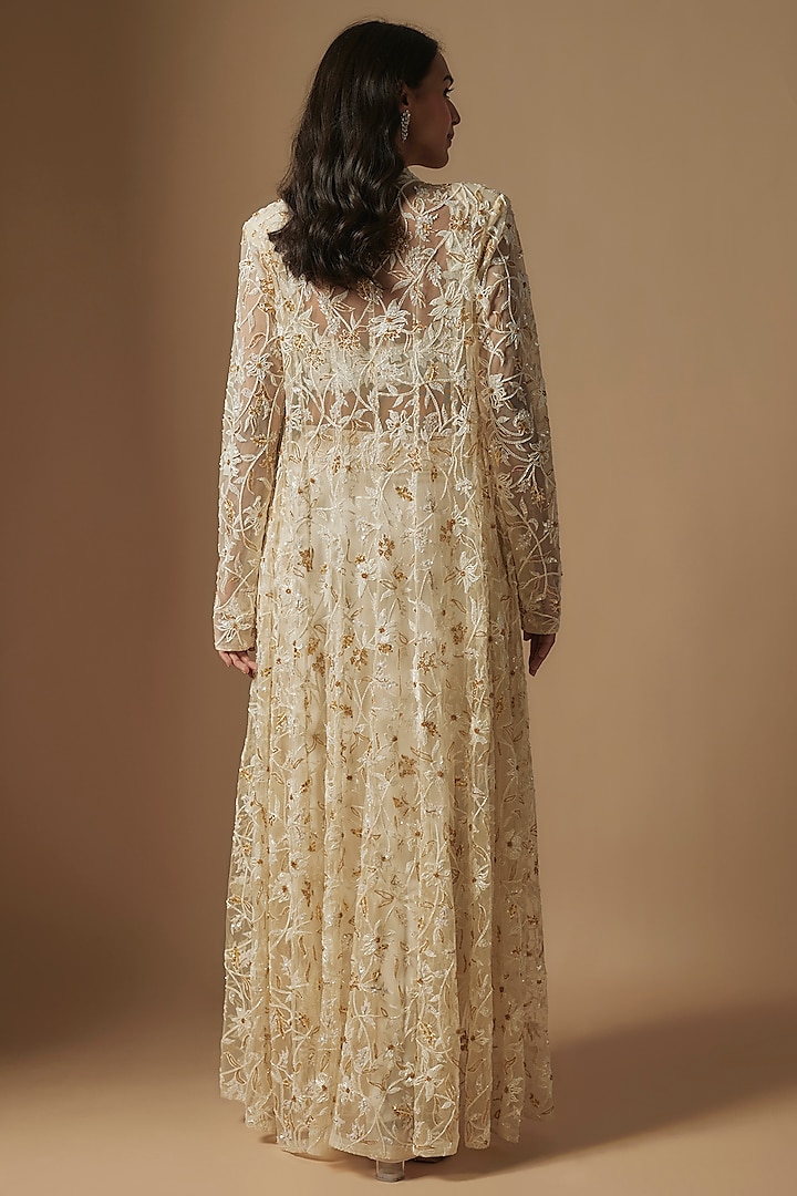 Ivory Satin Organza Hand Embroidered Jacket Set by ASAGA at Pernia's Pop Up Shop