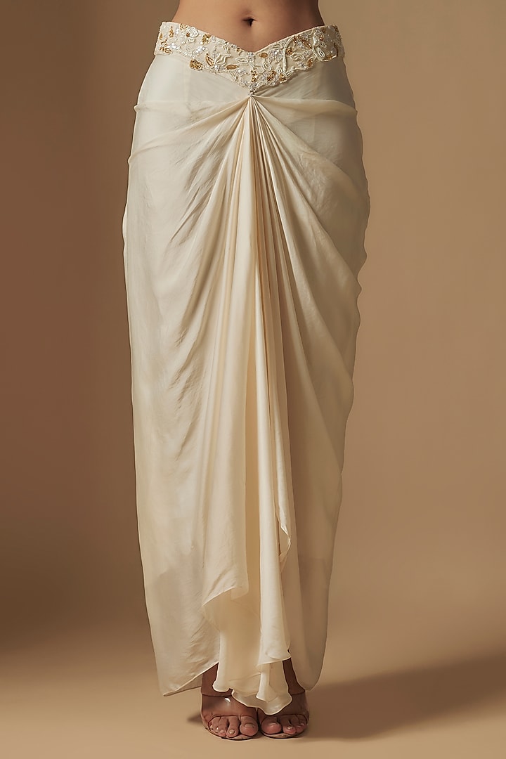 Ivory Satin Organza Hand Embroidered Jacket Set by ASAGA at Pernia's Pop Up Shop