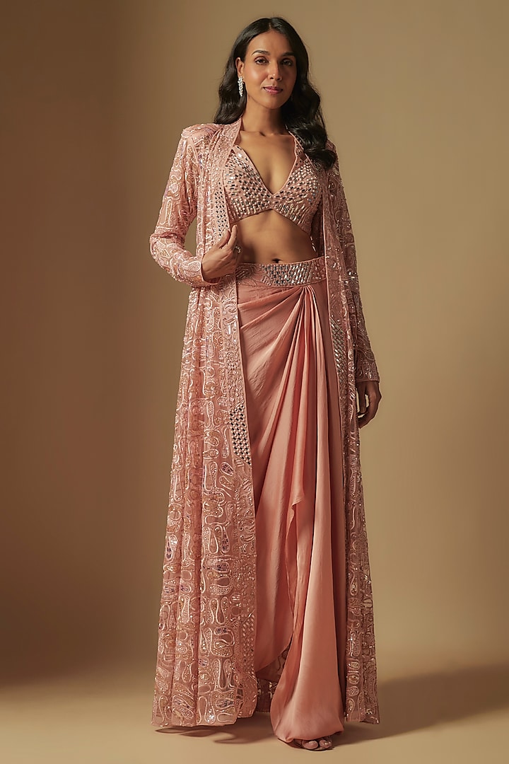 Rose Gold Satin Organza Hand Embroidered Jacket Set by ASAGA at Pernia's Pop Up Shop