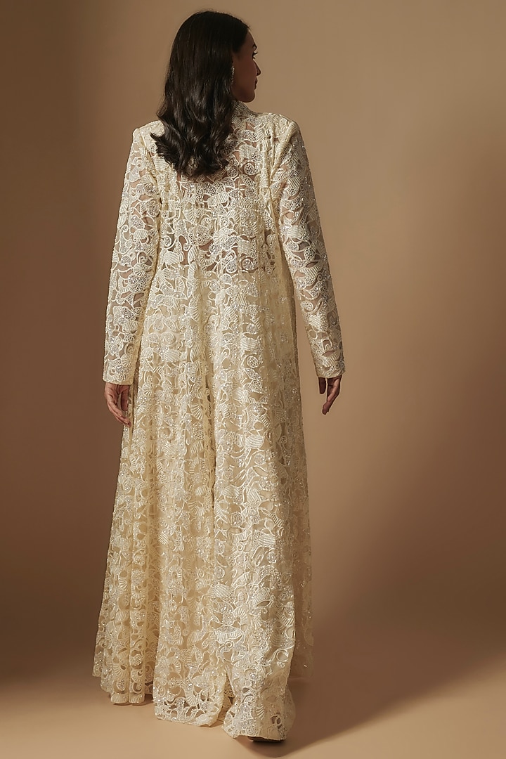 Ivory Satin Organza Hand Embroidered Jacket Set by ASAGA at Pernia's Pop Up Shop