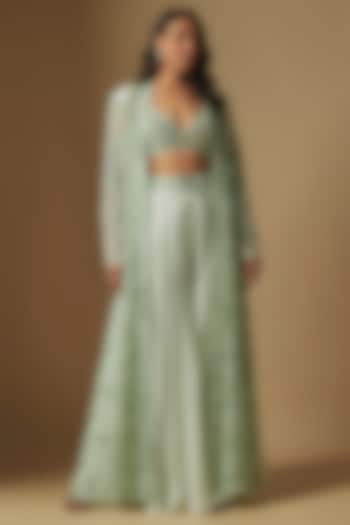 Mint Satin Organza Hand Embroidered Jacket Set by ASAGA at Pernia's Pop Up Shop