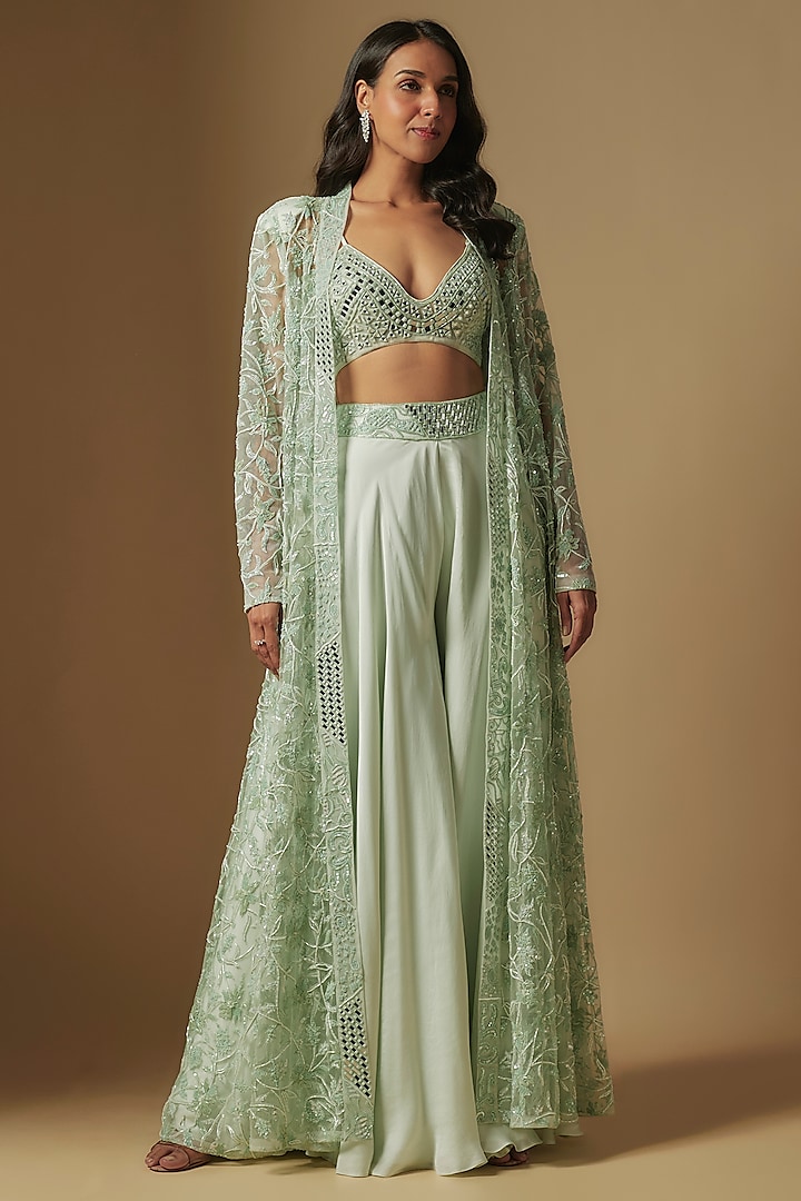 Mint Satin Organza Hand Embroidered Jacket Set by ASAGA at Pernia's Pop Up Shop