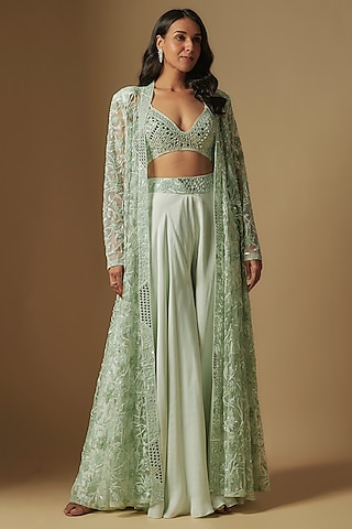 Mint Satin Organza Hand Embroidered Jacket Set by ASAGA