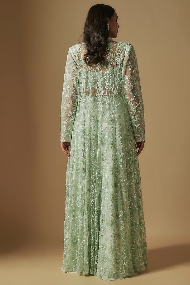 Mint Satin Organza Hand Embroidered Jacket Set by ASAGA at Pernia's Pop Up Shop