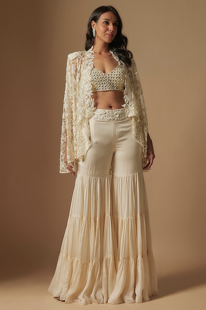 Ivory Satin Organza Sharara Set by ASAGA at Pernia's Pop Up Shop