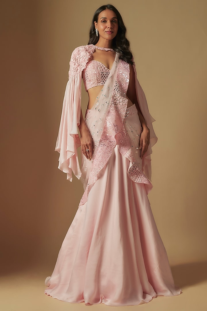 Blush Pink Satin Organza Hand Embroidered Draped Reception Saree Set by ASAGA at Pernia's Pop Up Shop