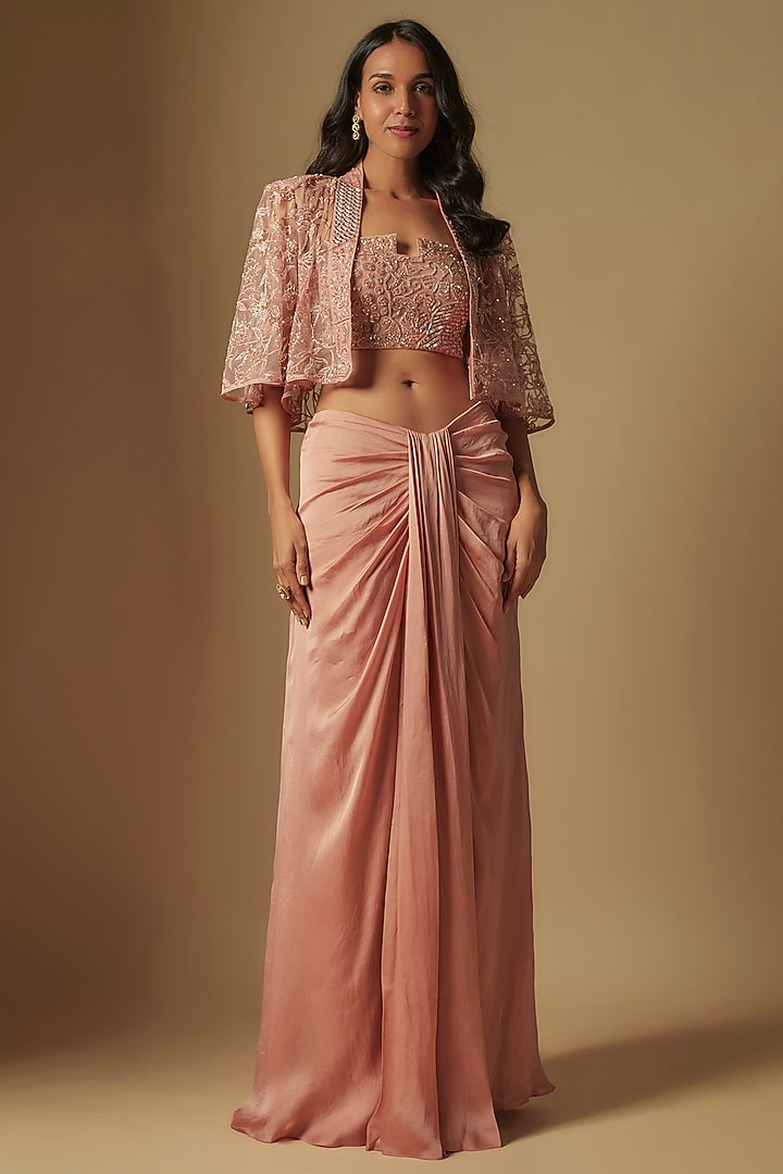 Rose Gold Satin Organza Draped Skirt Set by ASAGA at Pernia's Pop Up Shop
