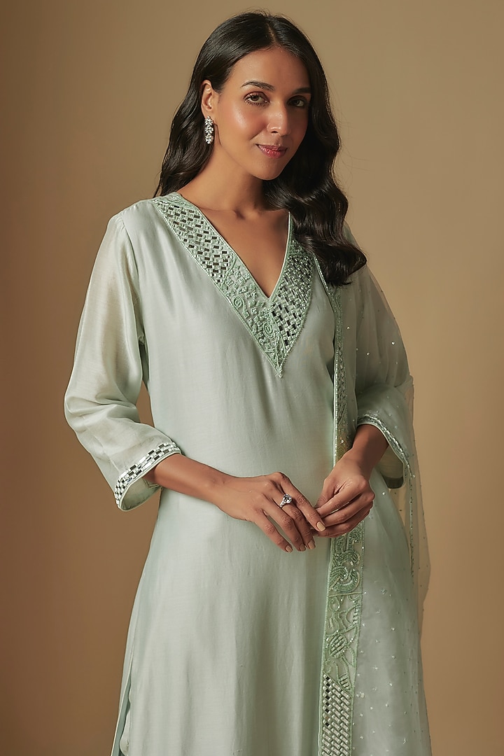 Mint Chanderi Hand Embroidered Kurta Set by ASAGA at Pernia's Pop Up Shop