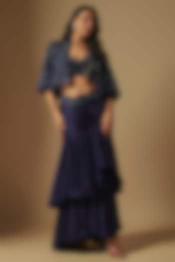 Midnight Blue Satin Organza Ruffled Skirt Set by ASAGA at Pernia's Pop Up Shop