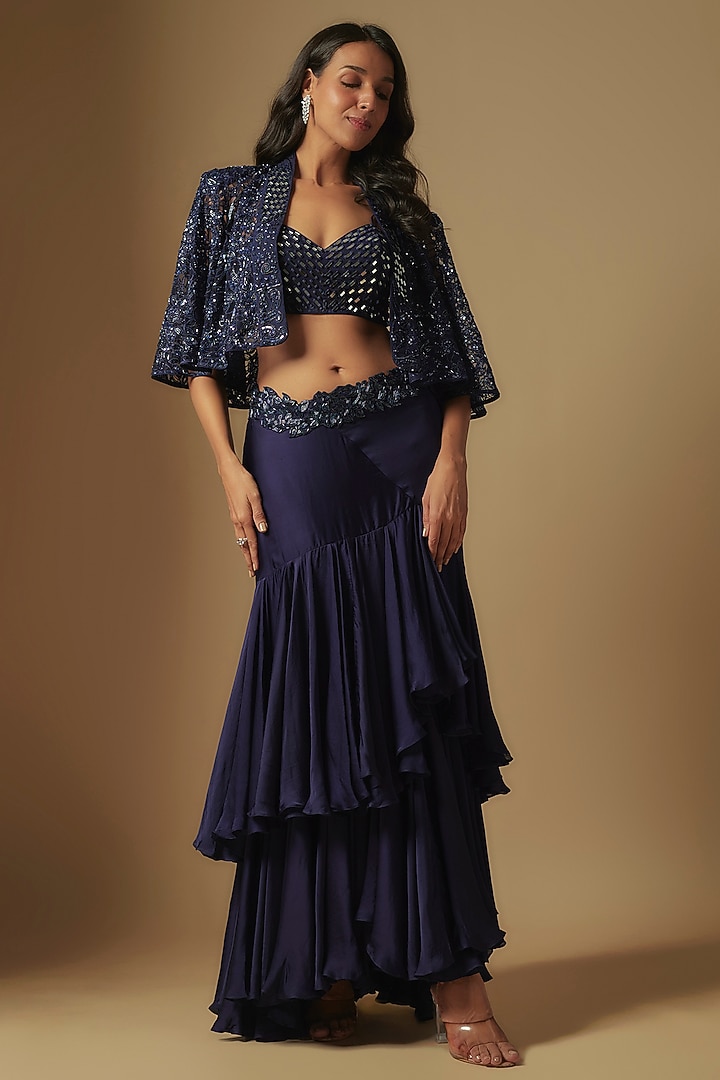 Midnight Blue Satin Organza Ruffled Skirt Set by ASAGA at Pernia's Pop Up Shop