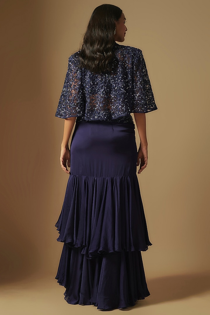 Midnight Blue Satin Organza Ruffled Skirt Set by ASAGA at Pernia's Pop Up Shop
