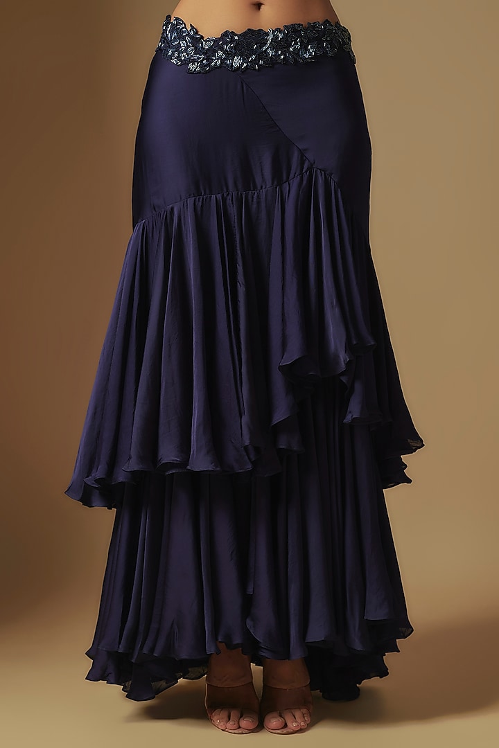 Midnight Blue Satin Organza Ruffled Skirt Set by ASAGA at Pernia's Pop Up Shop