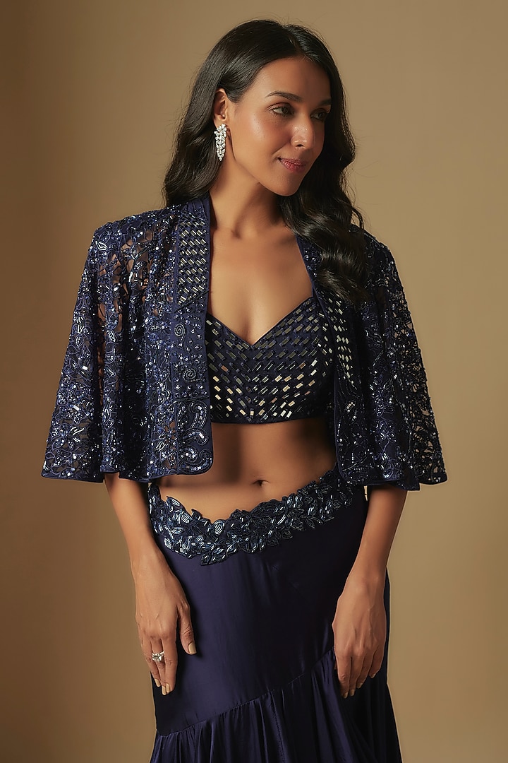 Midnight Blue Satin Organza Ruffled Skirt Set by ASAGA at Pernia's Pop Up Shop