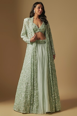 Mint Satin Organza Hand Embroidered Jacket Set by ASAGA