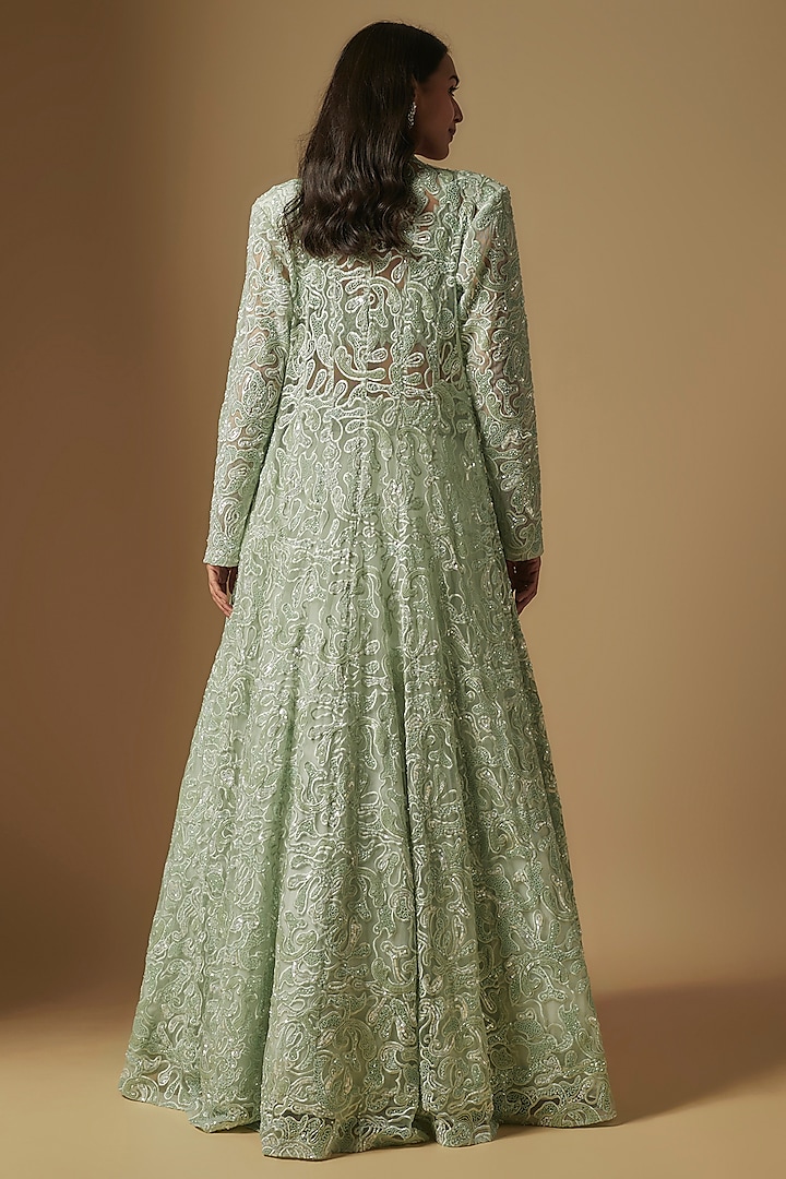 Mint Satin Organza Hand Embroidered Jacket Set by ASAGA at Pernia's Pop Up Shop