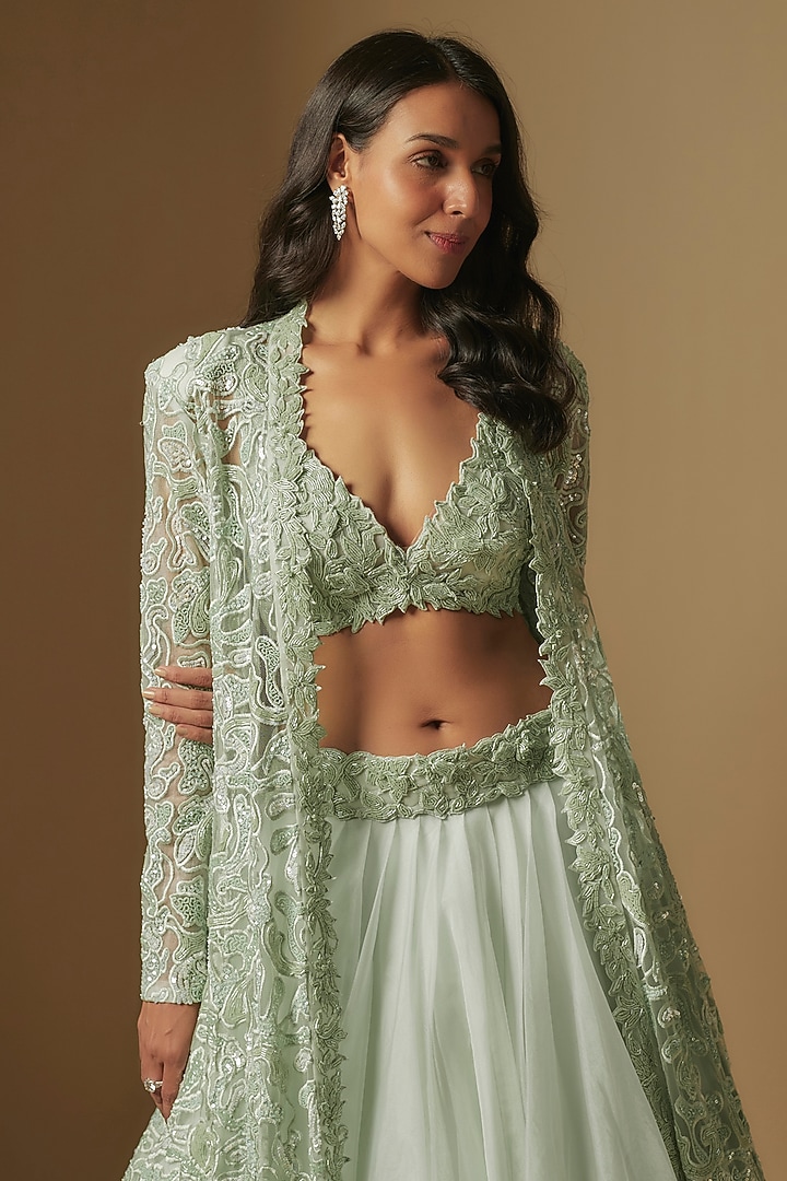 Mint Satin Organza Hand Embroidered Jacket Set by ASAGA at Pernia's Pop Up Shop
