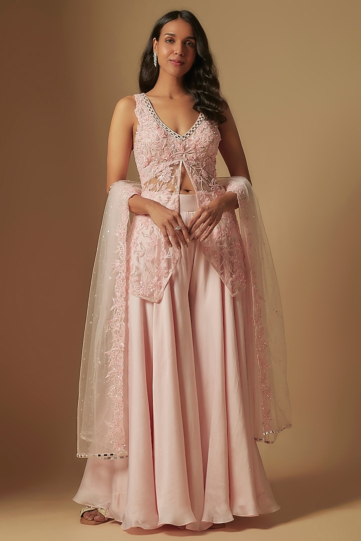 Blush Pink Satin Organza Wedding Sharara Set by ASAGA at Pernia's Pop Up Shop