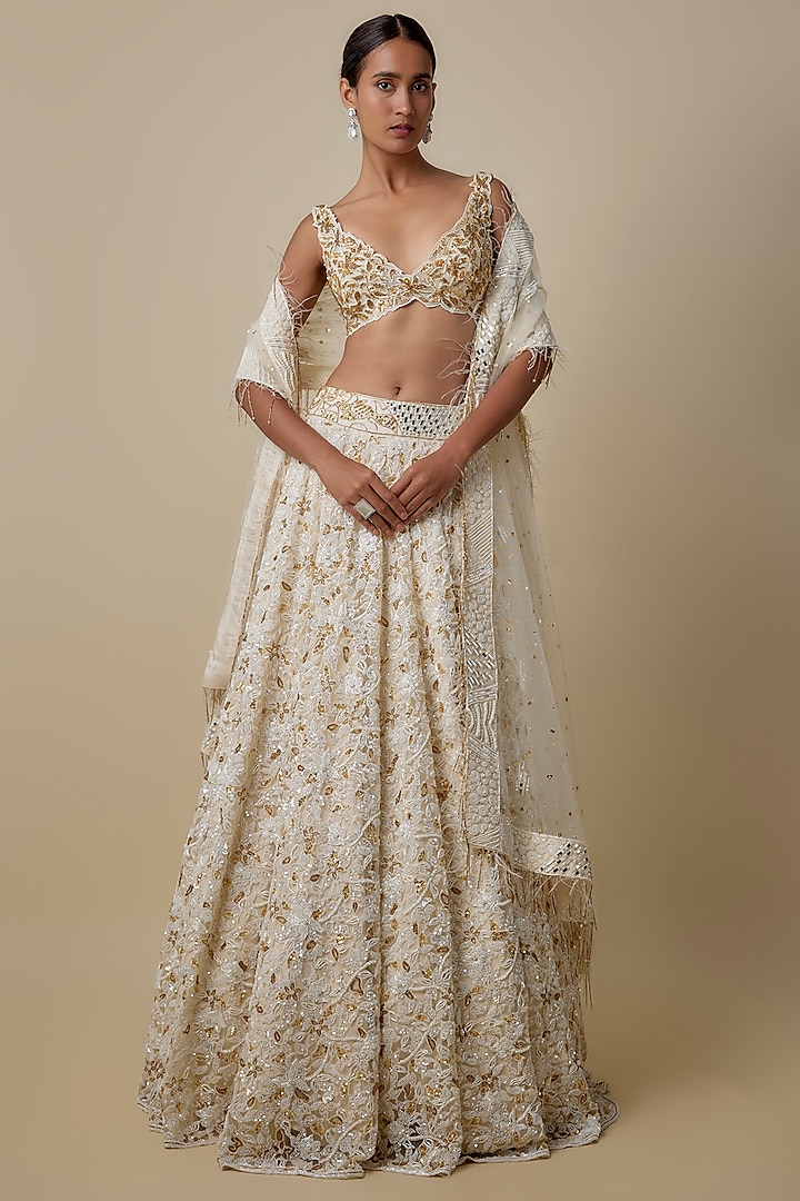 Ivory Satin Organza Hand Embroidered Bridal Lehenga Set by ASAGA at Pernia's Pop Up Shop