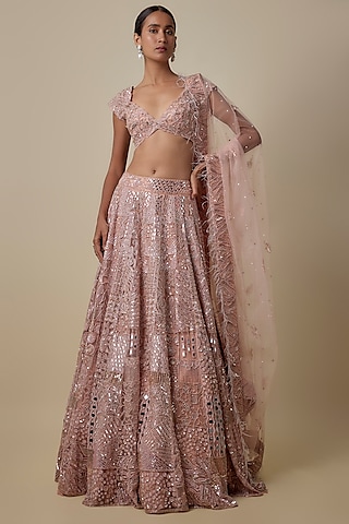 Rose Gold Satin Organza Hand Embroidered Lehenga Set by ASAGA