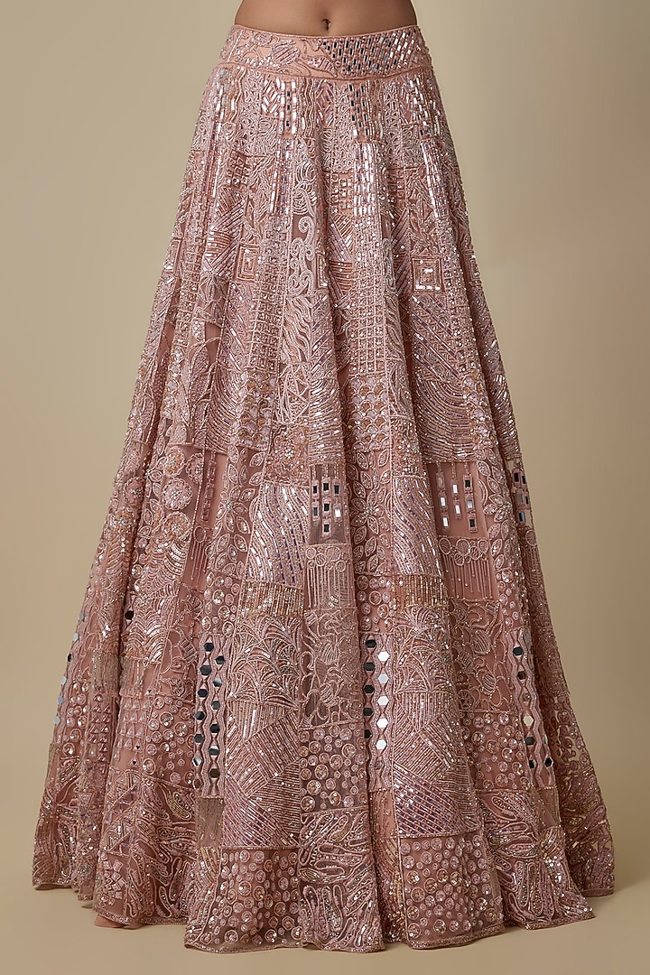 Rose Gold Satin Organza Hand Embroidered Bridal Lehenga Set by ASAGA at Pernia's Pop Up Shop