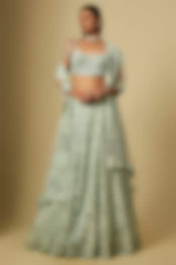 Mint Green Satin Organza & Tulle Hand Embroidered Bridal Lehenga Set by ASAGA at Pernia's Pop Up Shop