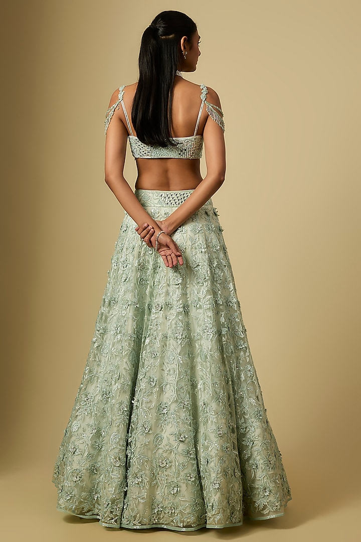 Mint Green Satin Organza & Tulle Hand Embroidered Bridal Lehenga Set by ASAGA at Pernia's Pop Up Shop